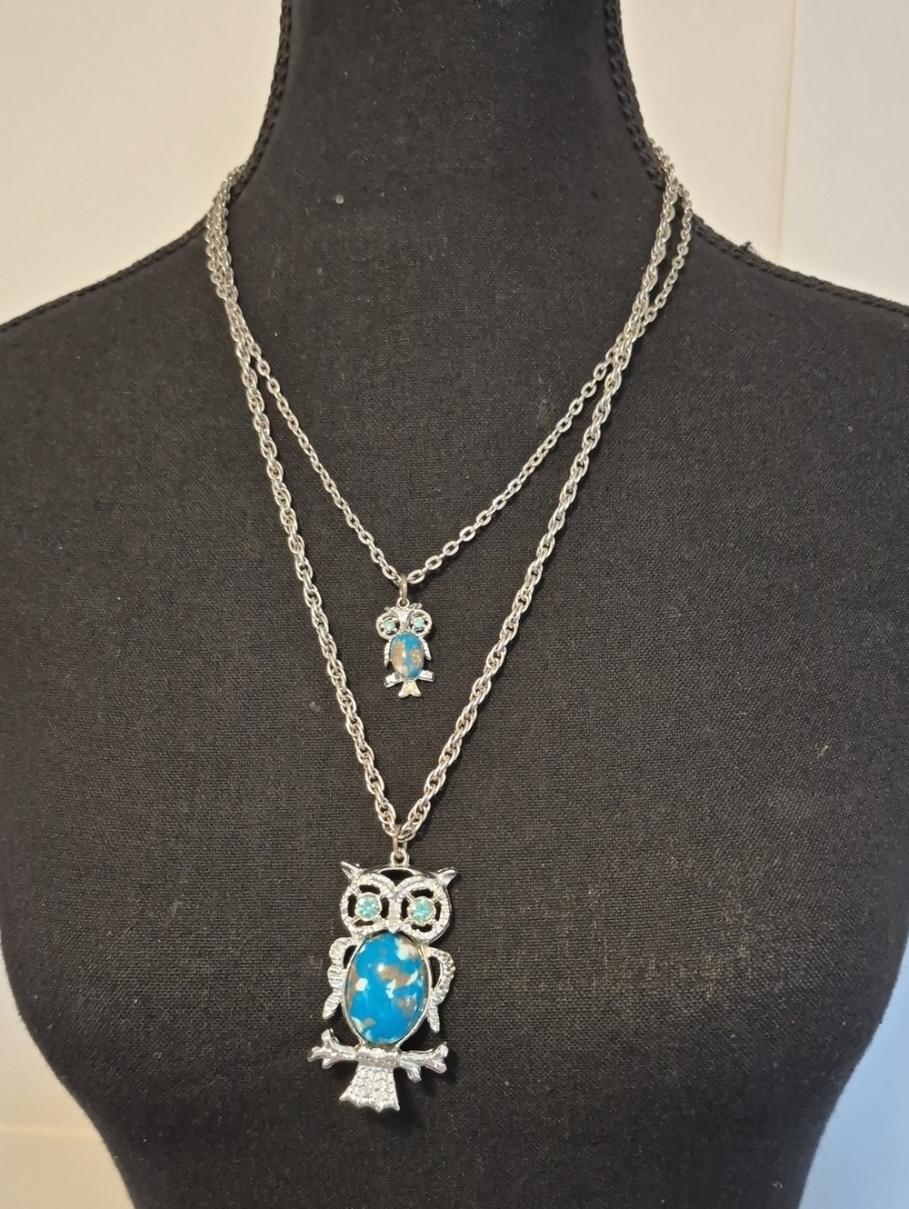 Double Chain Owl Necklace Blue Cabochon Bellies Silver Tone